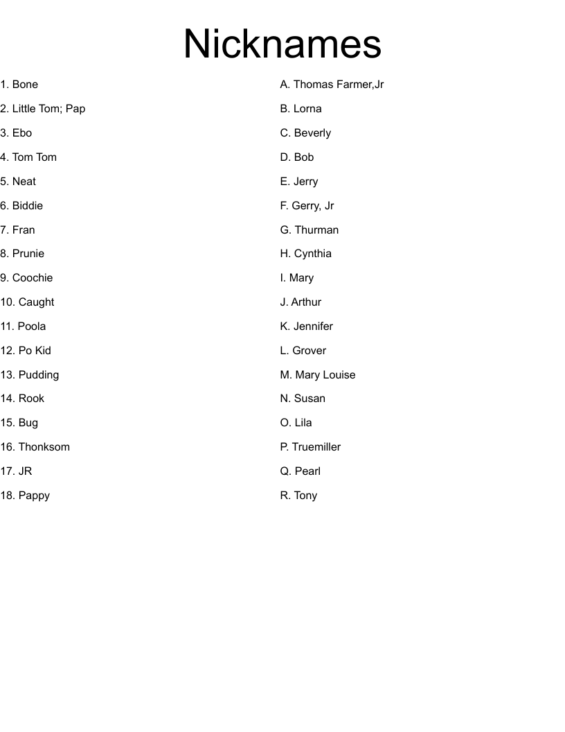 Nicknames Worksheet
