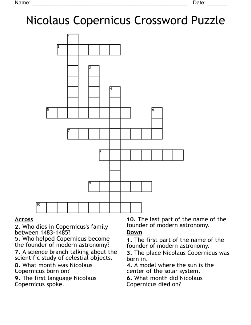 Nicolaus Copernicus Crossword Puzzle