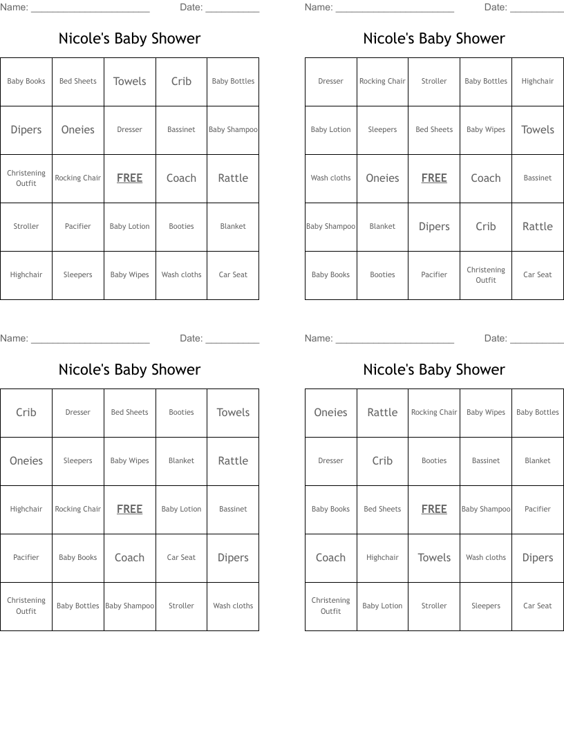 Nicole's Baby Shower Bingo Cards