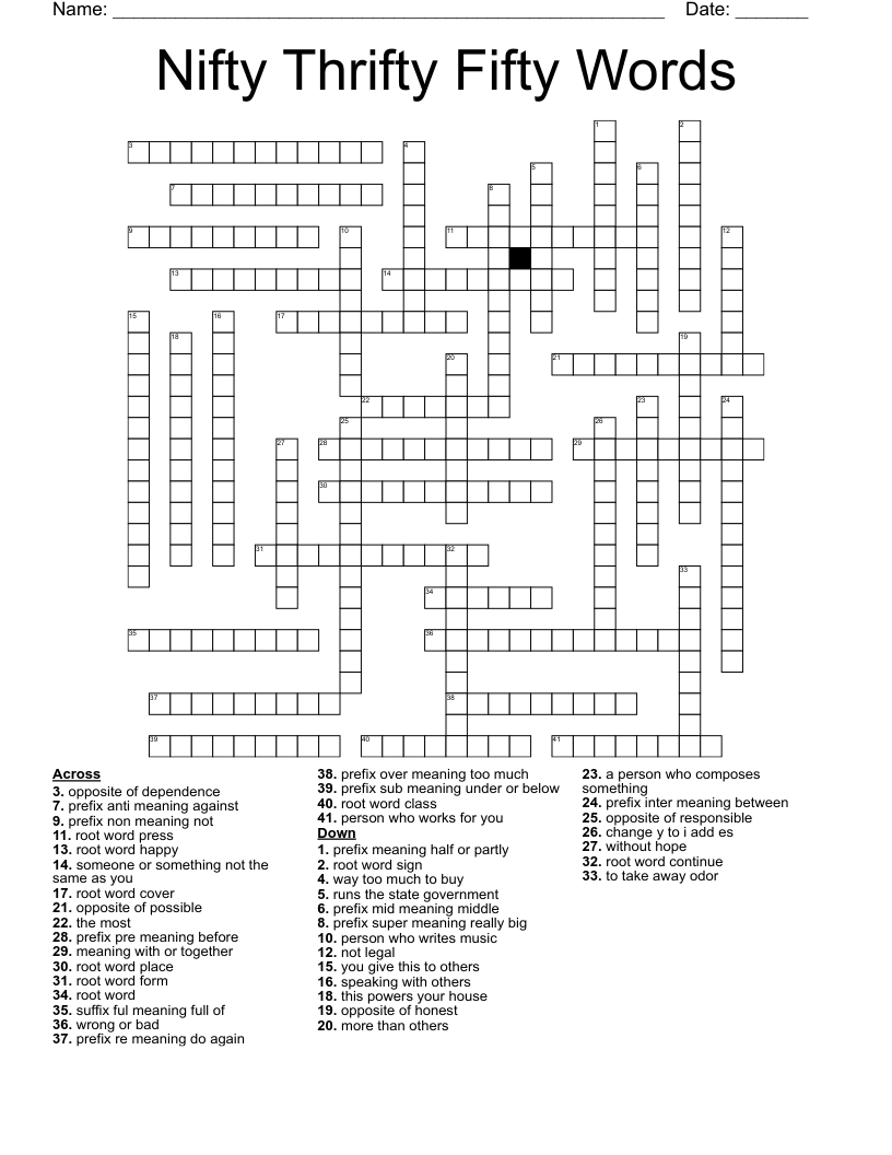 Nifty Thrifty Fifty Words Crossword