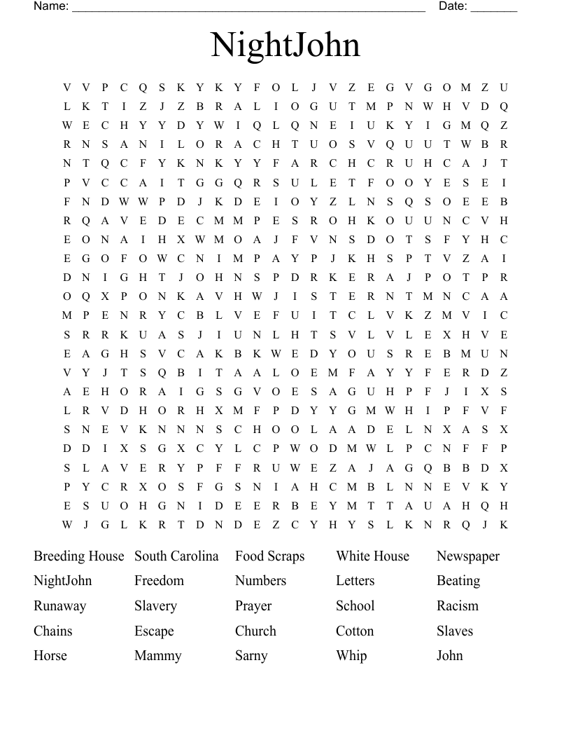 NightJohn Word Search