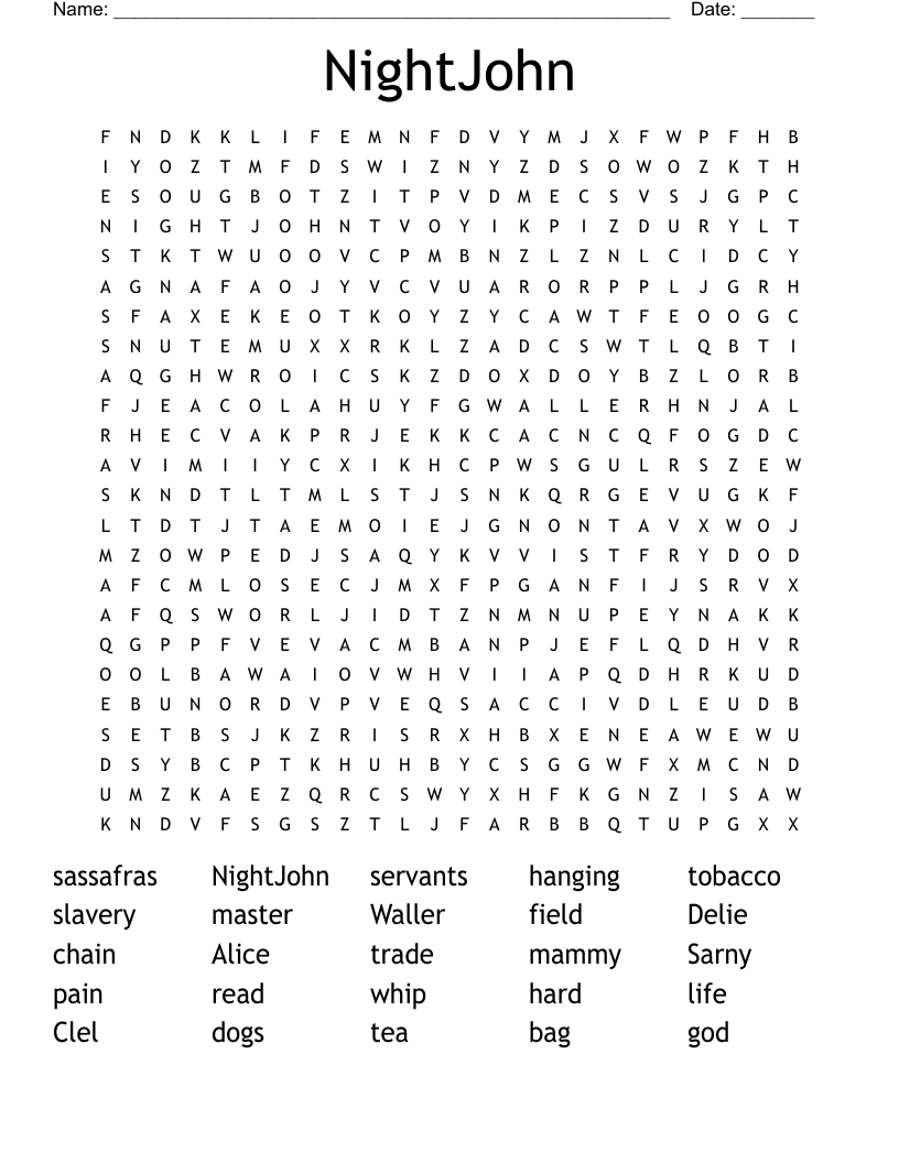 NightJohn Word Search