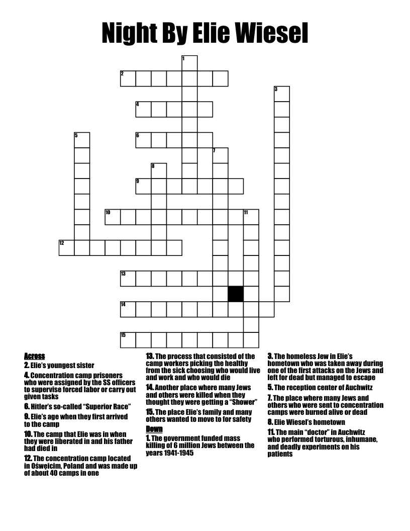 Night By Elie Wiesel  Crossword