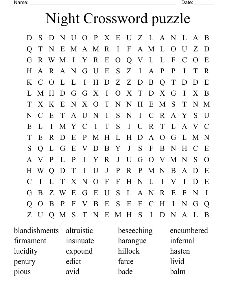 Night Crossword puzzle Word Search