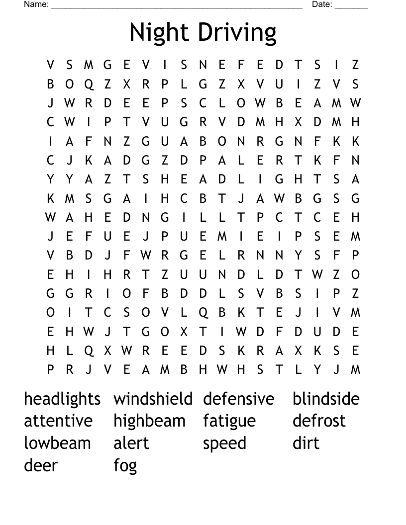 Night Driving Word Search