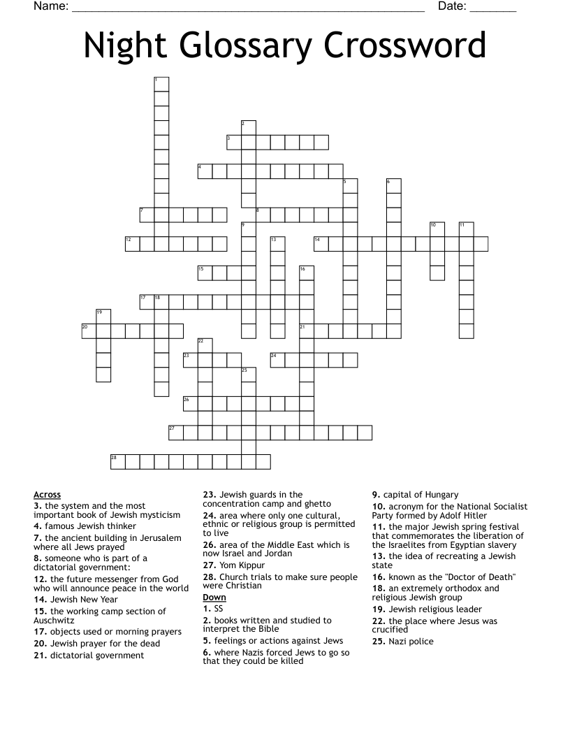 Night Glossary Crossword