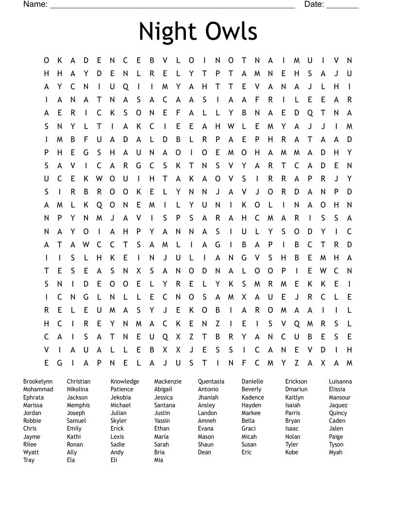 Night Owls Word Search