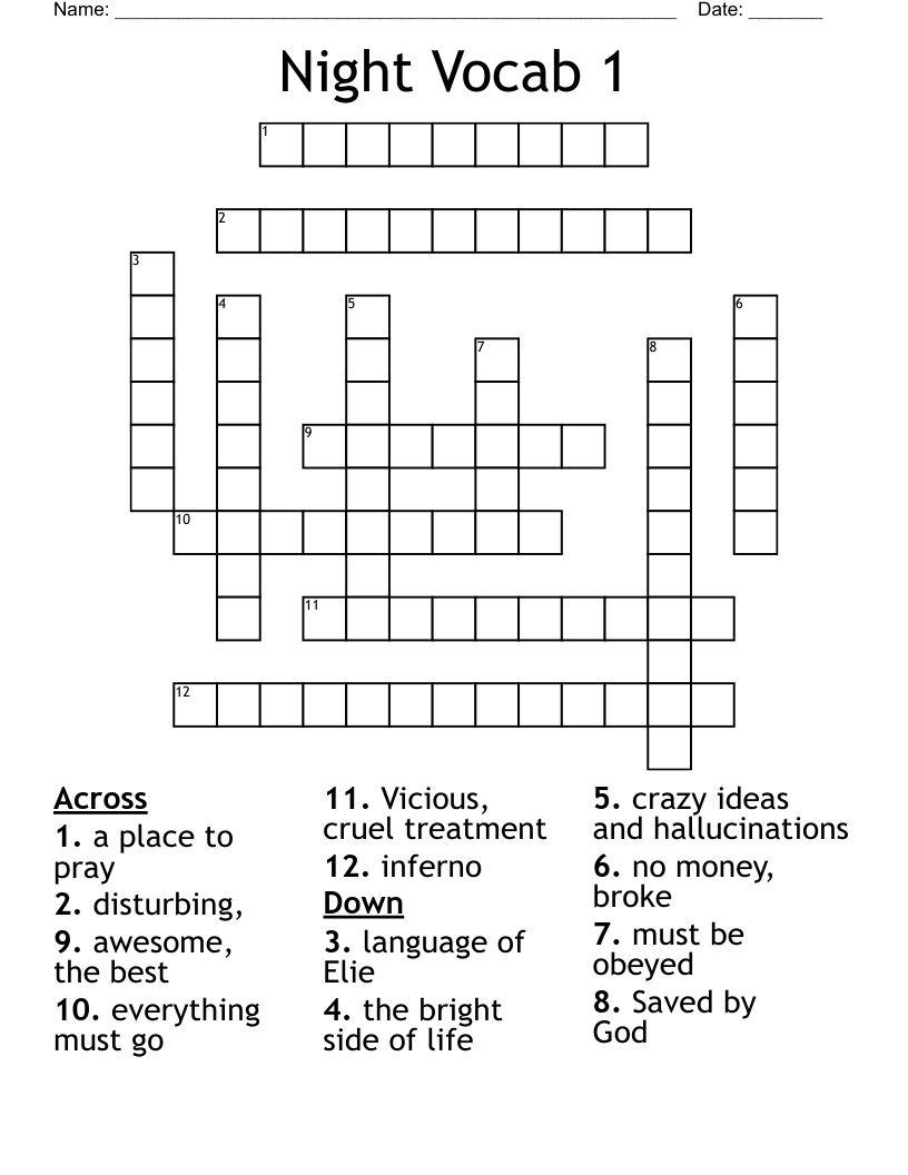 Night Vocab 1 Crossword