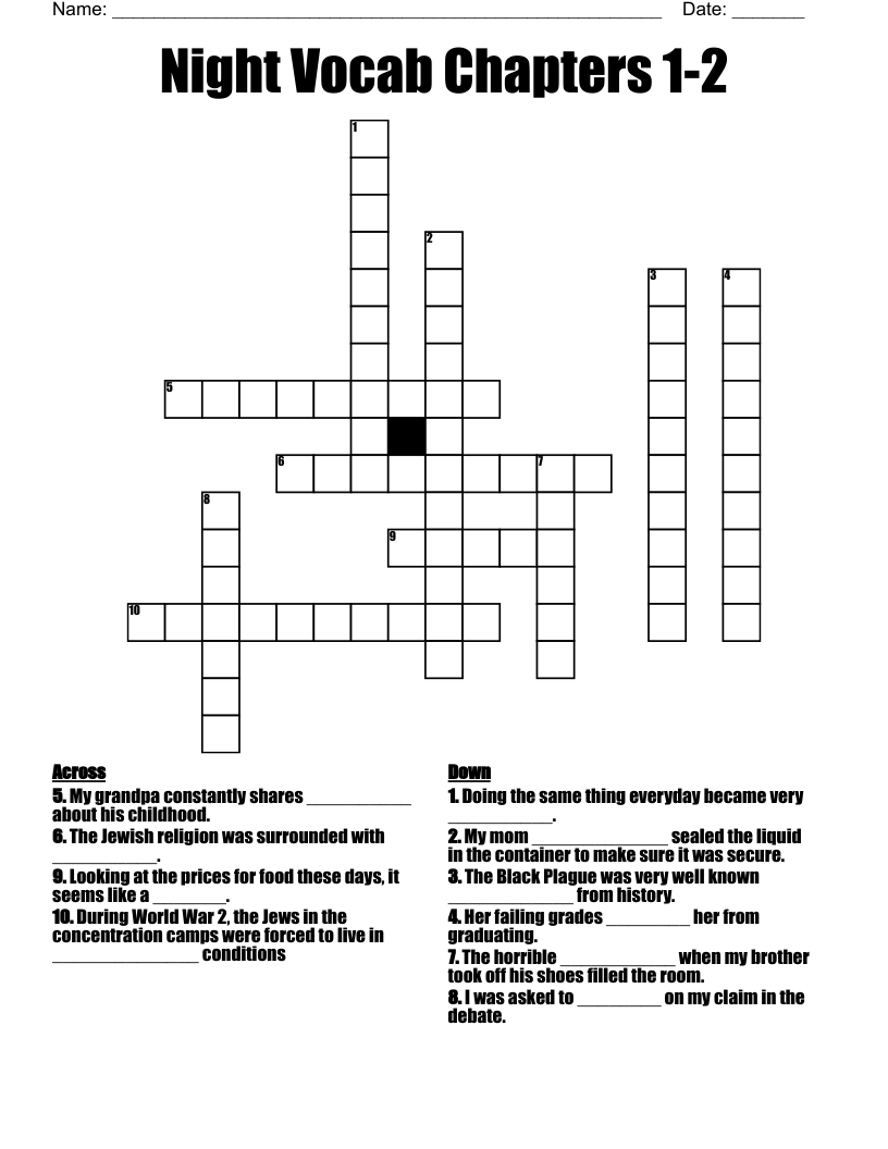 Night Vocab Chapters 1-2 Crossword