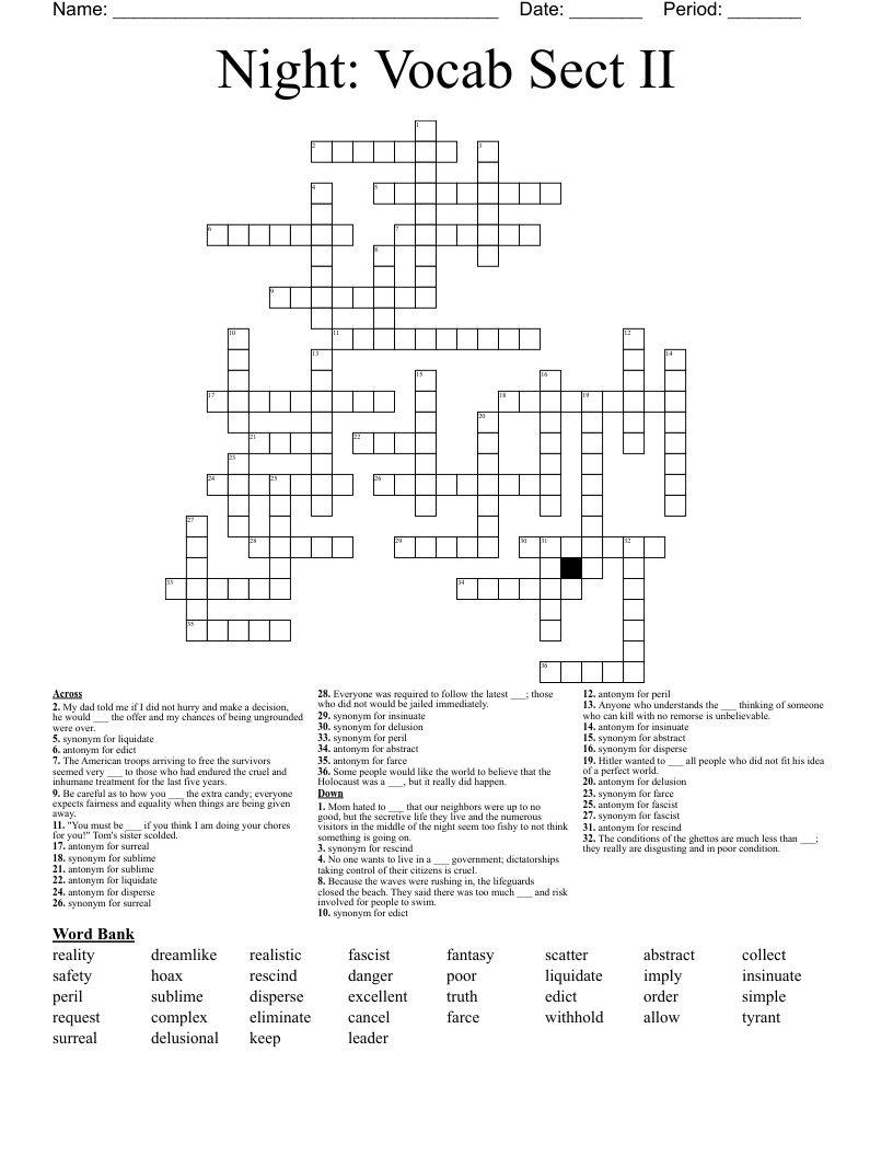 Night: Vocab Sect II Crossword