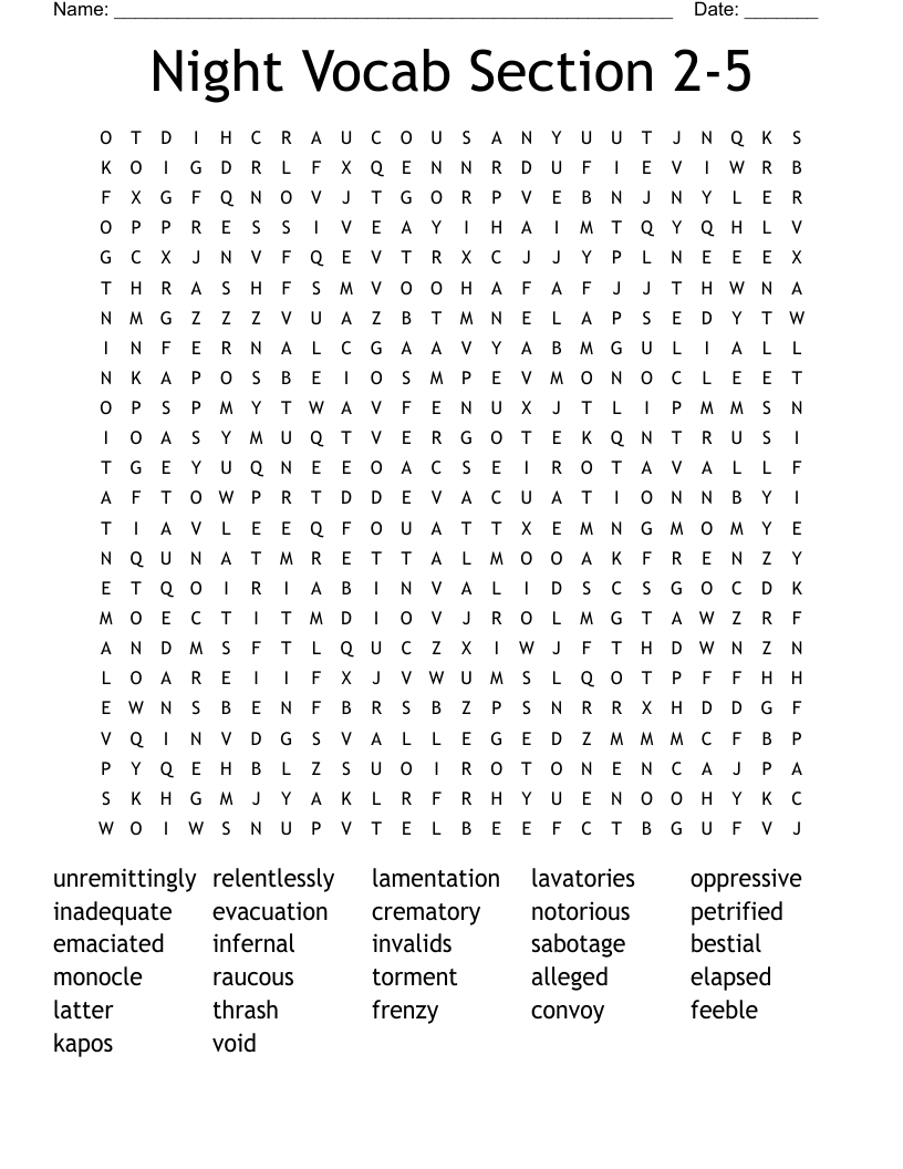 Night Vocab Section 2-5  Word Search