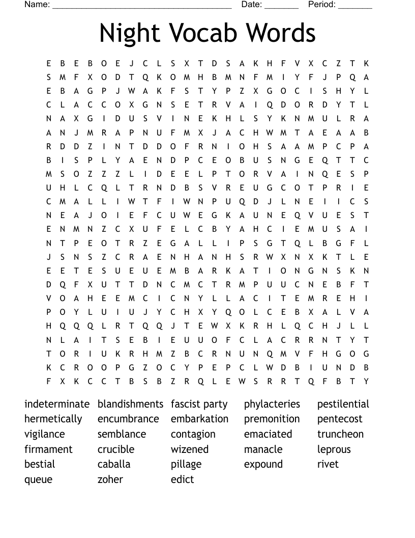Night Vocab Words Word Search