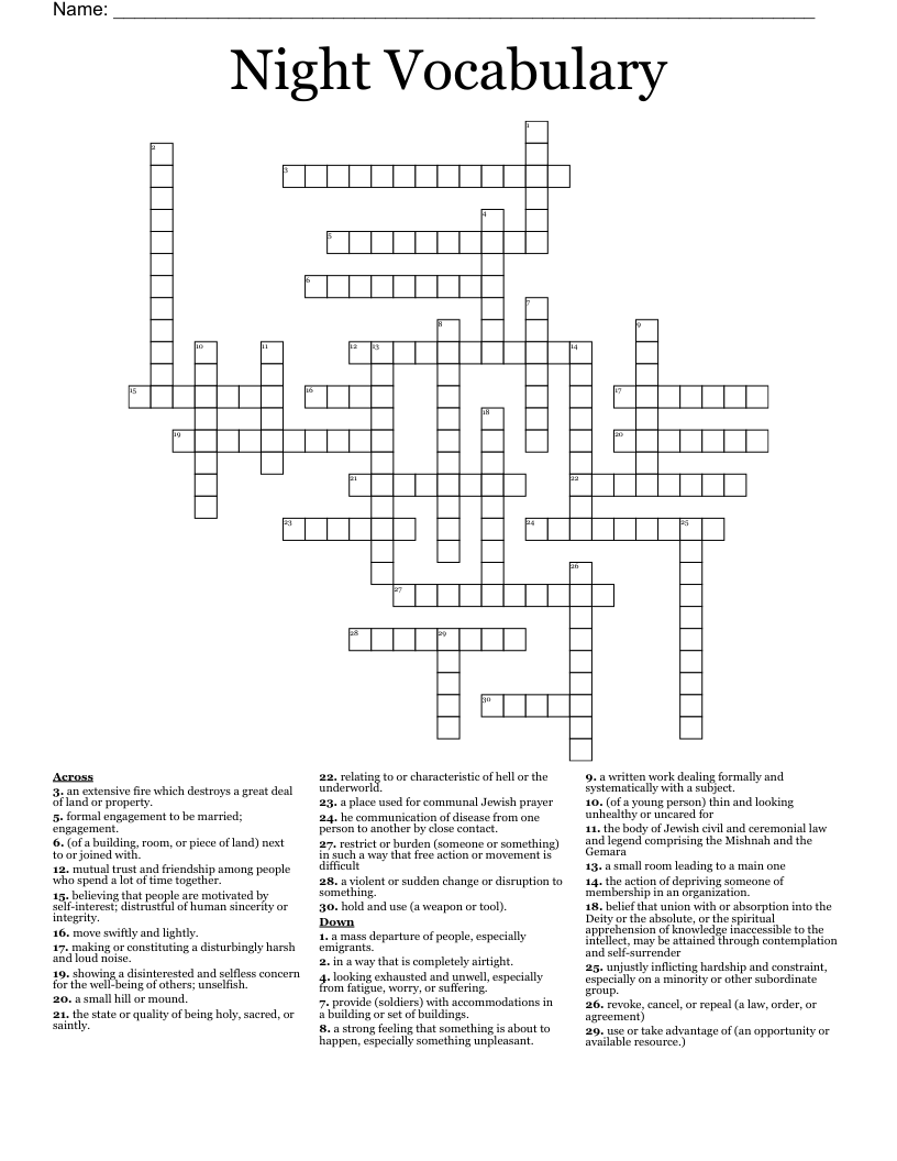 Night Vocabulary Crossword