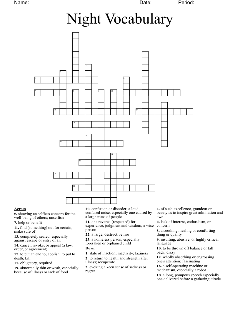 Night Vocabulary Crossword
