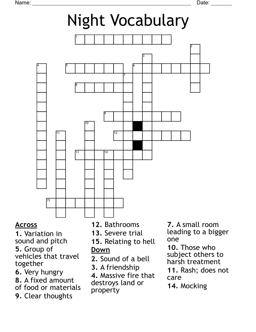 Night Vocabulary Crossword