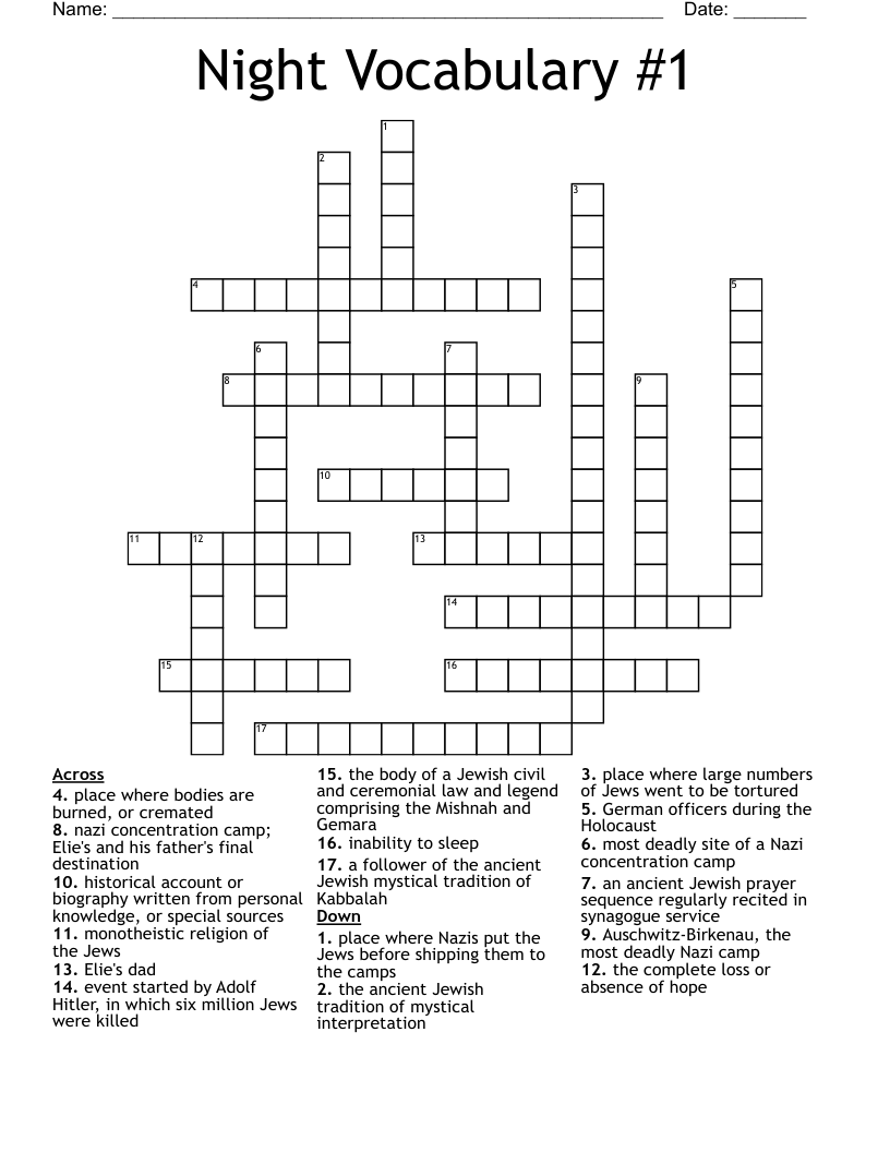 Night Vocabulary #1 Crossword