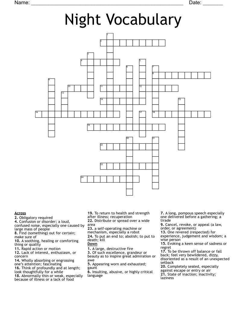 Night Vocabulary Crossword
