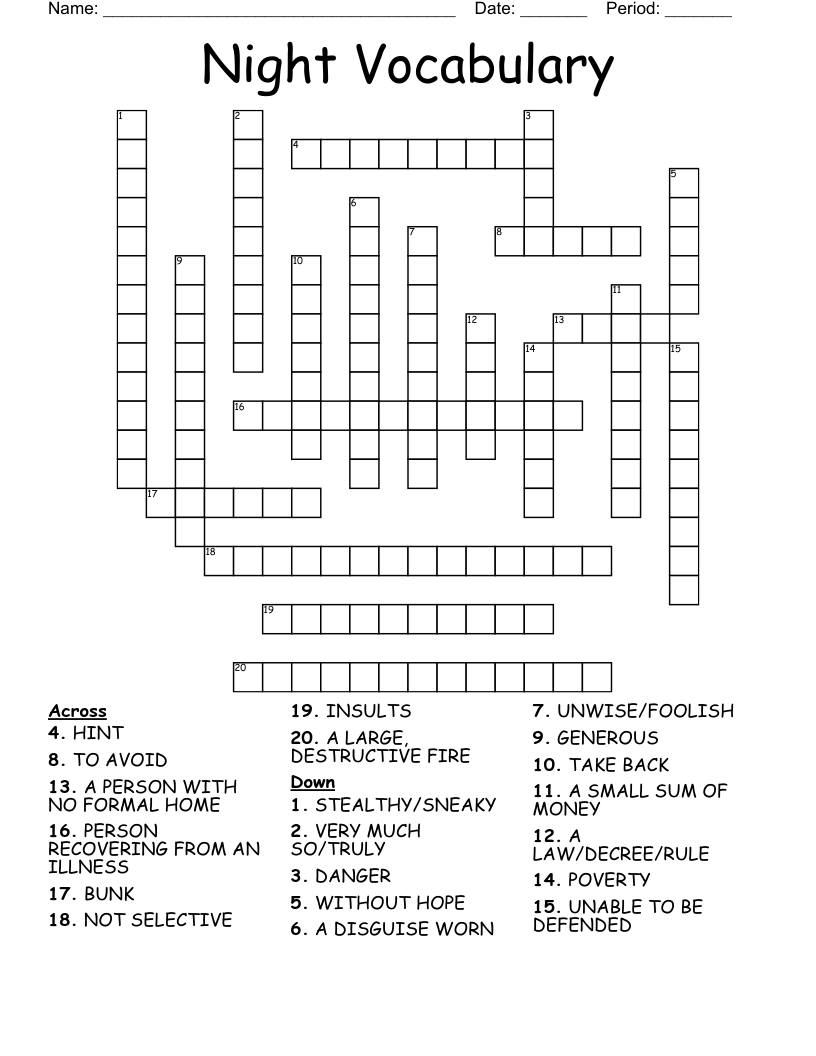 Night Vocabulary Crossword