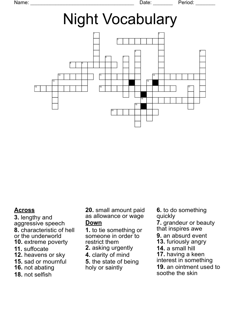 Night Vocabulary Crossword
