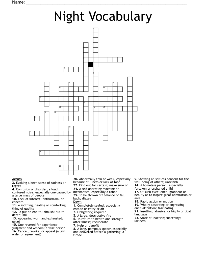 Night Vocabulary Crossword