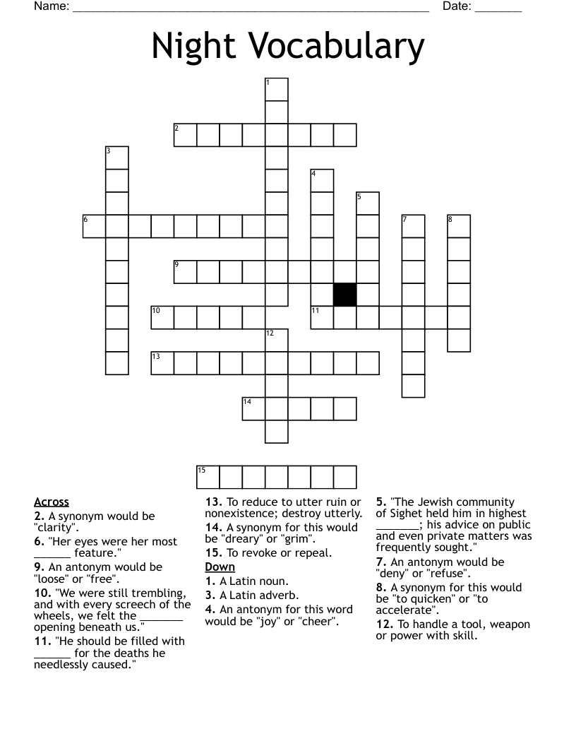 Night Vocabulary Crossword
