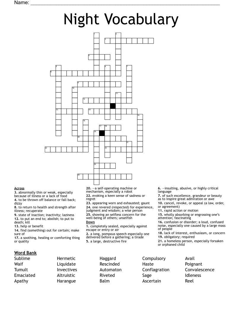 Night Vocabulary Crossword