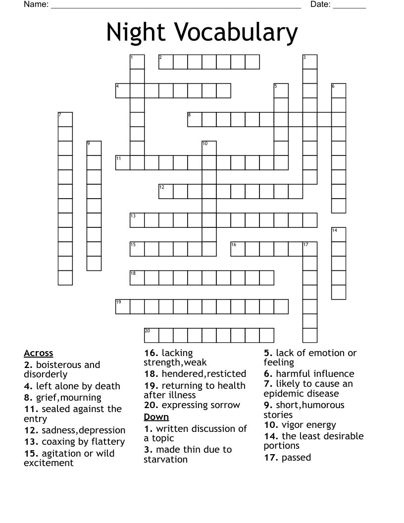 Night Vocabulary Crossword