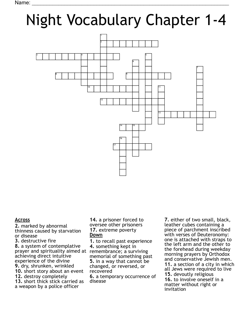 Night Vocabulary Chapter 1-4 Crossword
