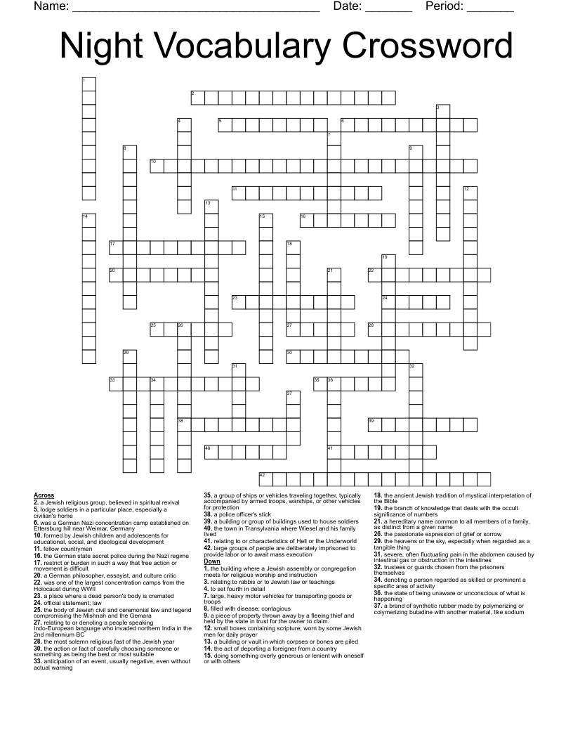 Night Vocabulary Crossword
