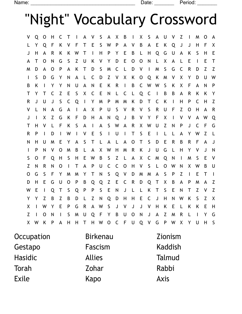 "Night" Vocabulary Crossword Word Search