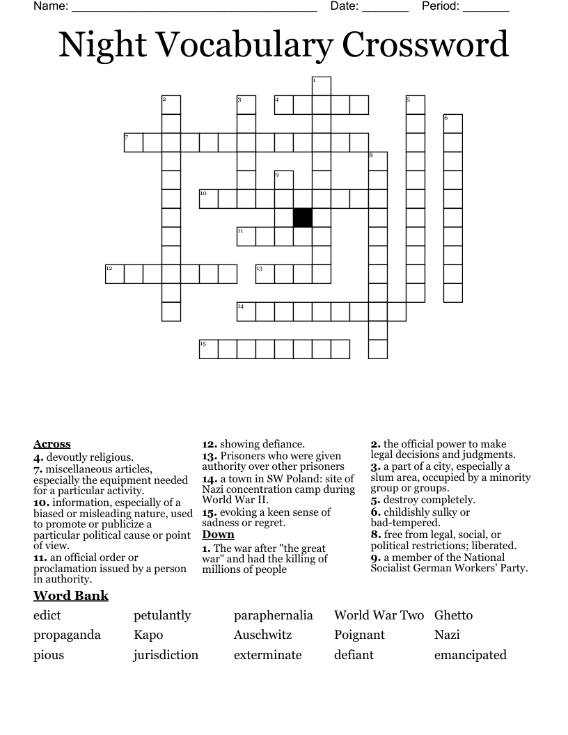 Night Vocabulary Crossword