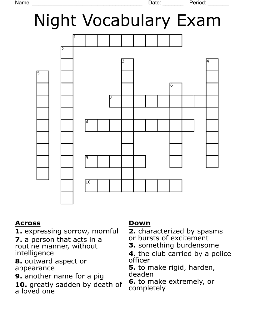 Night Vocabulary Exam  Crossword