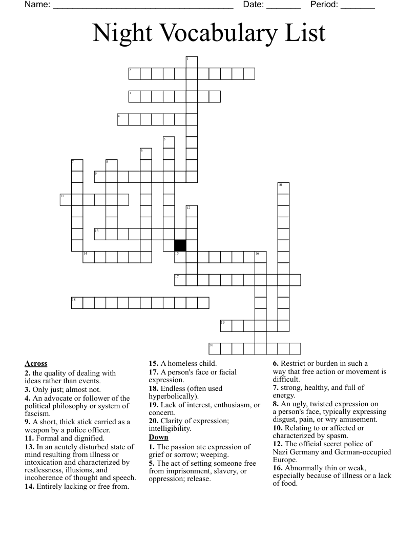 Night Vocabulary List Crossword