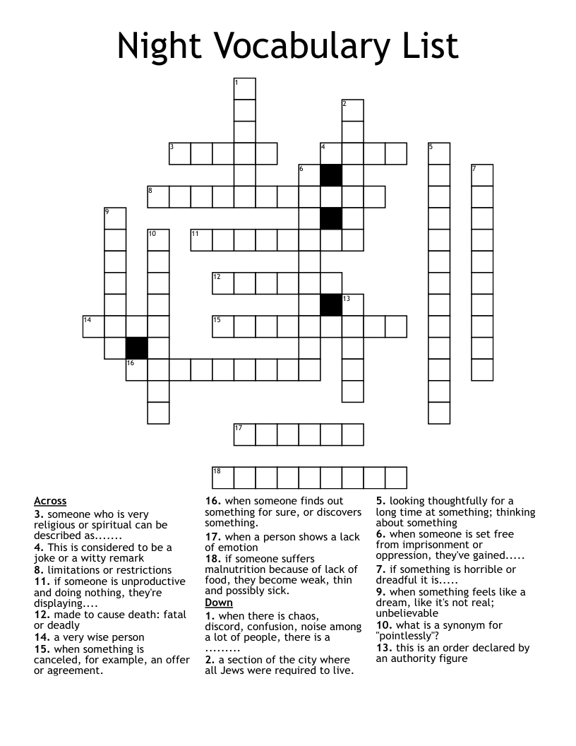 Night Vocabulary List Crossword