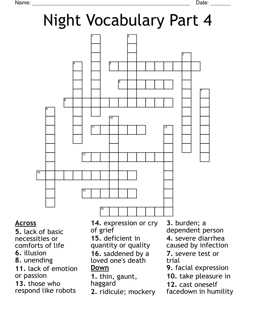 Night Vocabulary Part 4 Crossword