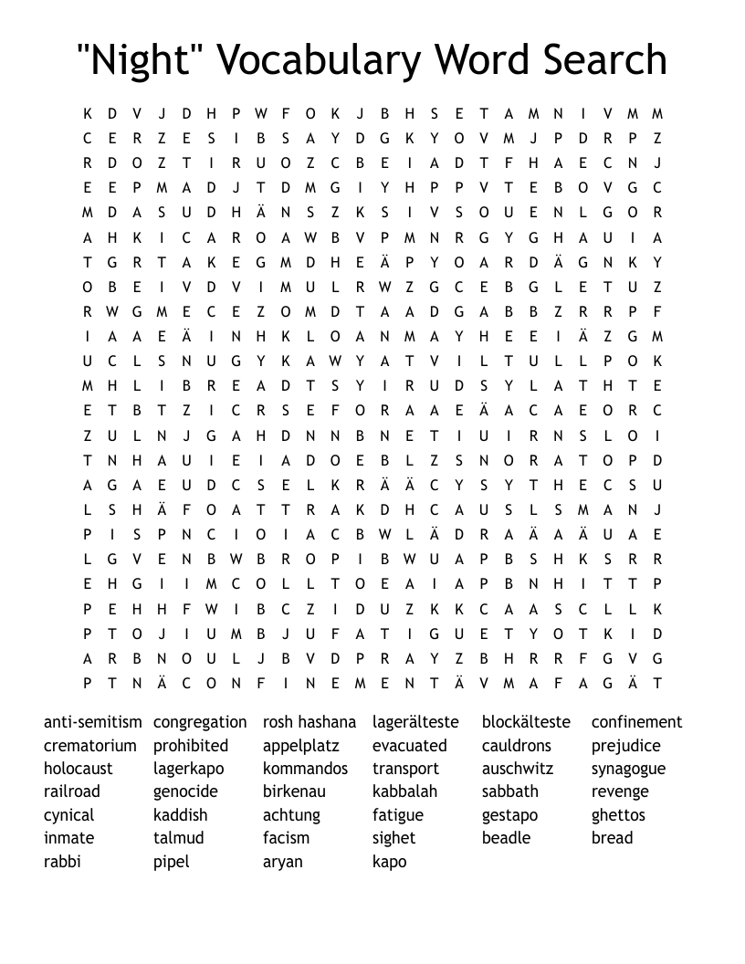 "Night" Vocabulary Word Search