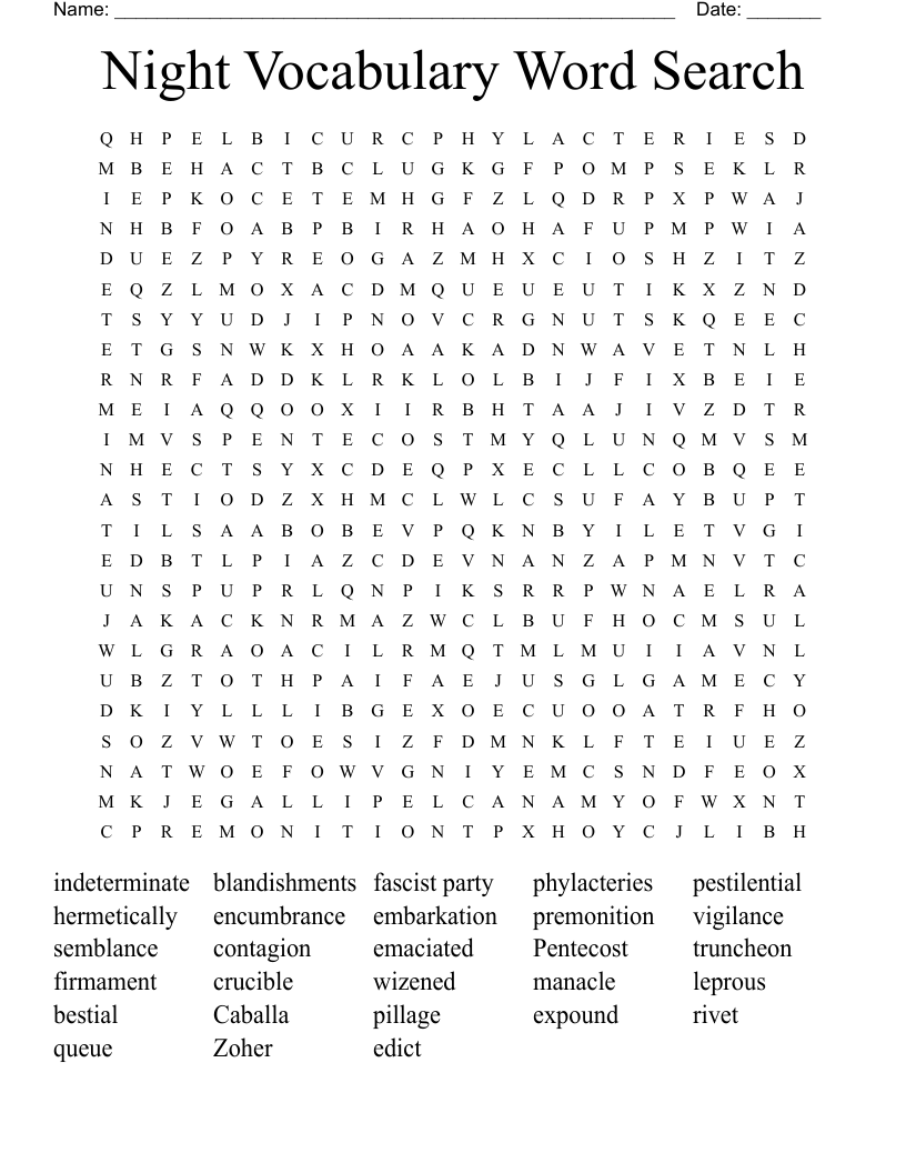 Night Vocabulary Word Search 