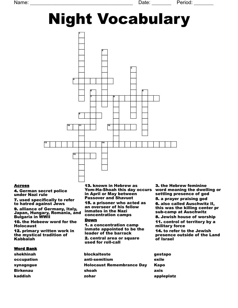 Night Vocabulary  Crossword