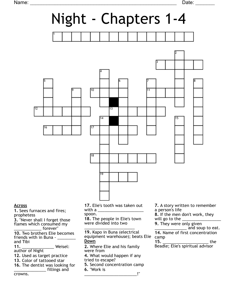 Night - Chapters 1-4 Crossword