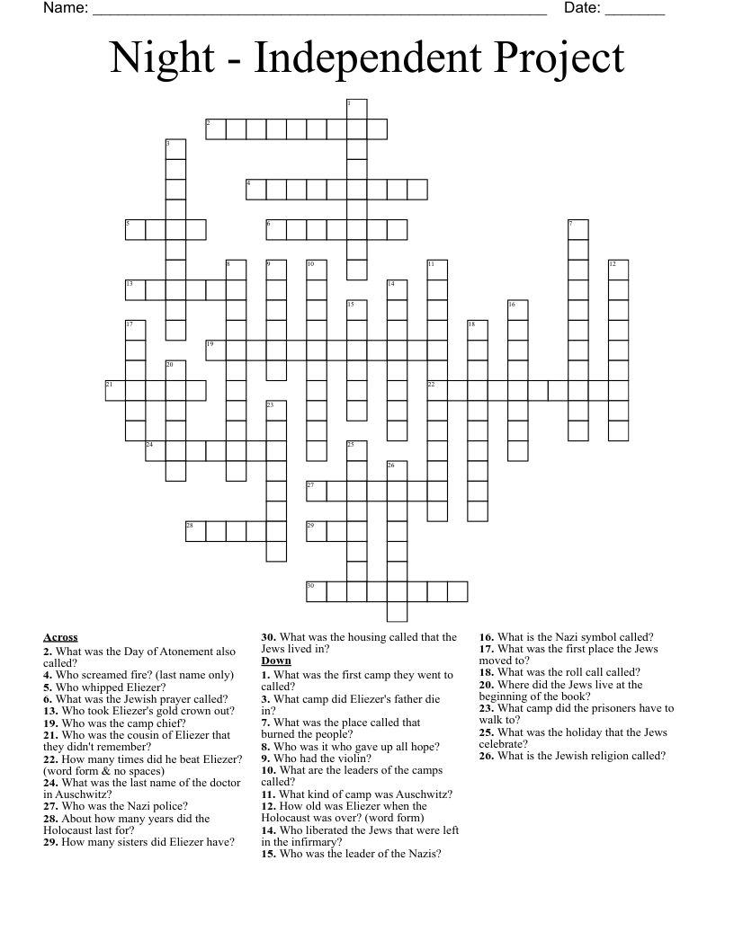 Night - Independent Project Crossword