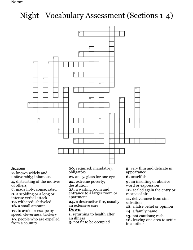 Night - Vocabulary Assessment (Sections 1-4) Crossword
