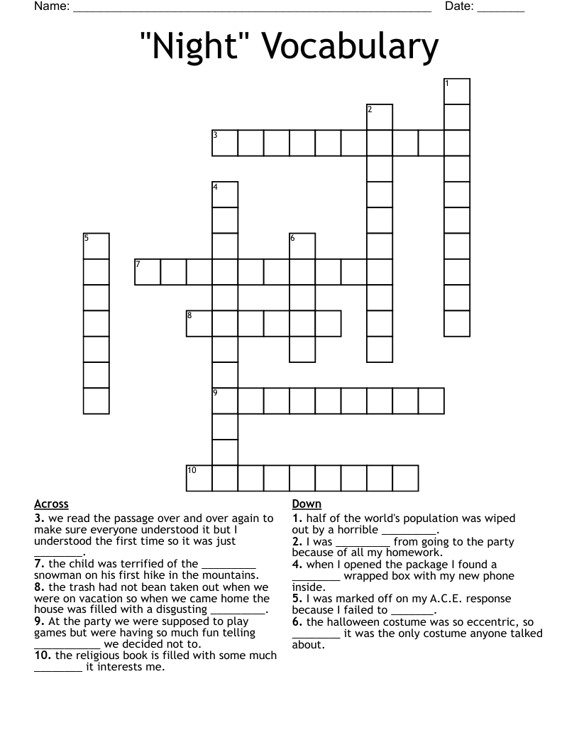 "Night"  Vocabulary  Crossword