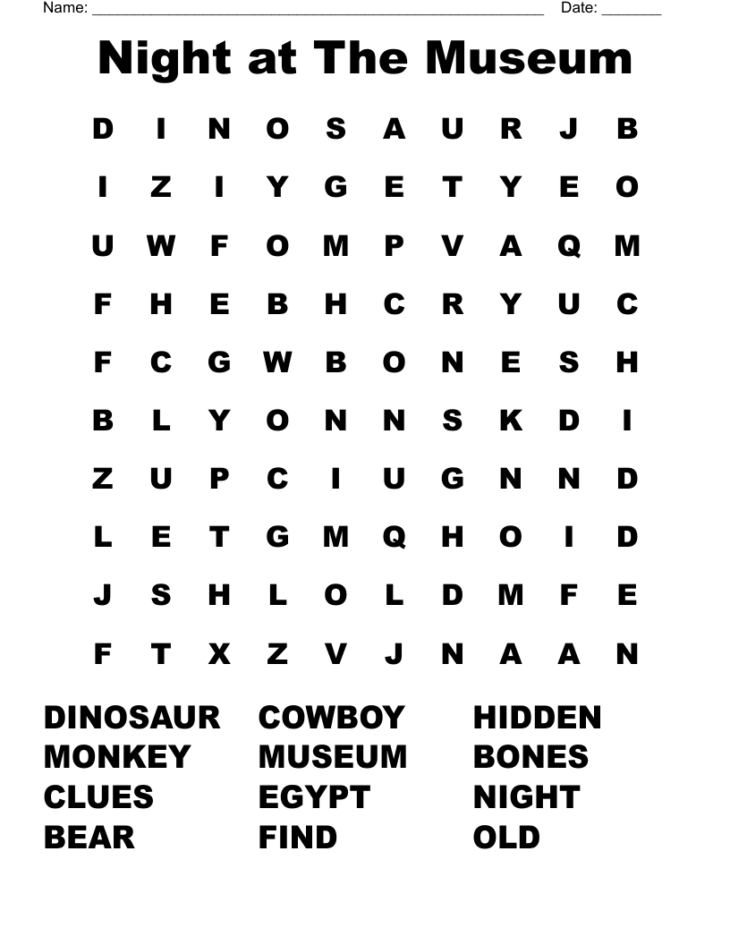 Night at The Museum Word Search