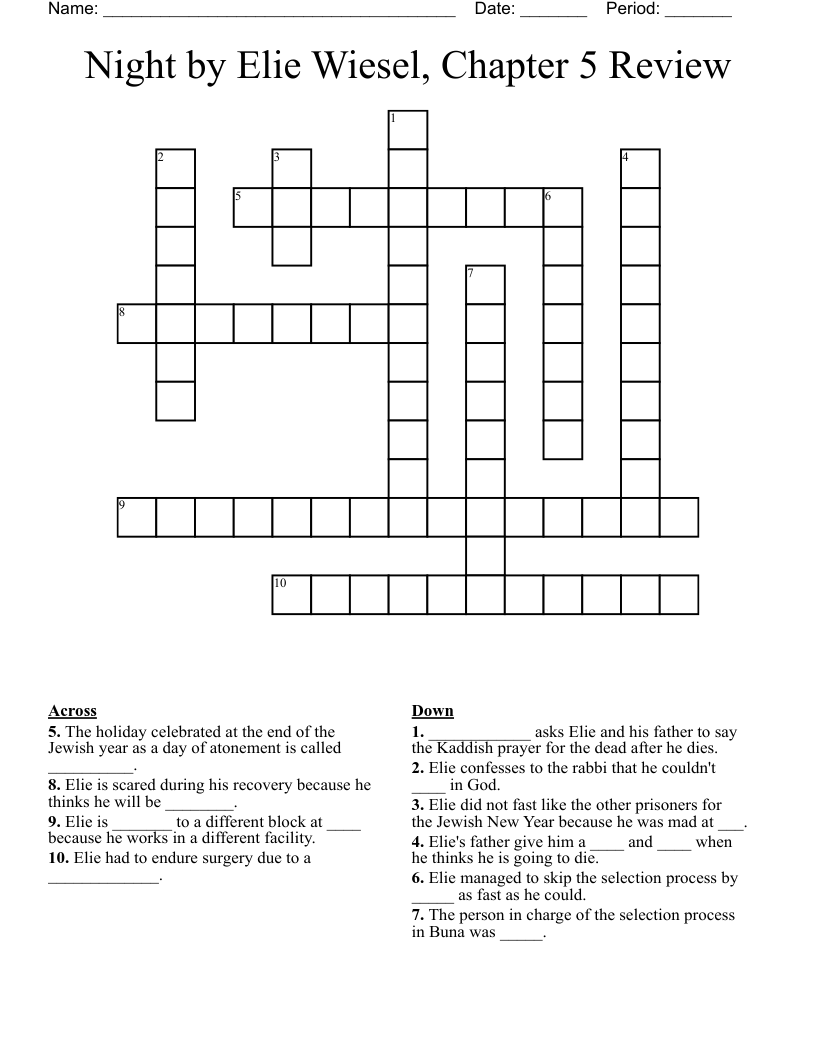 Night by Elie Wiesel, Chapter 5 Review Crossword