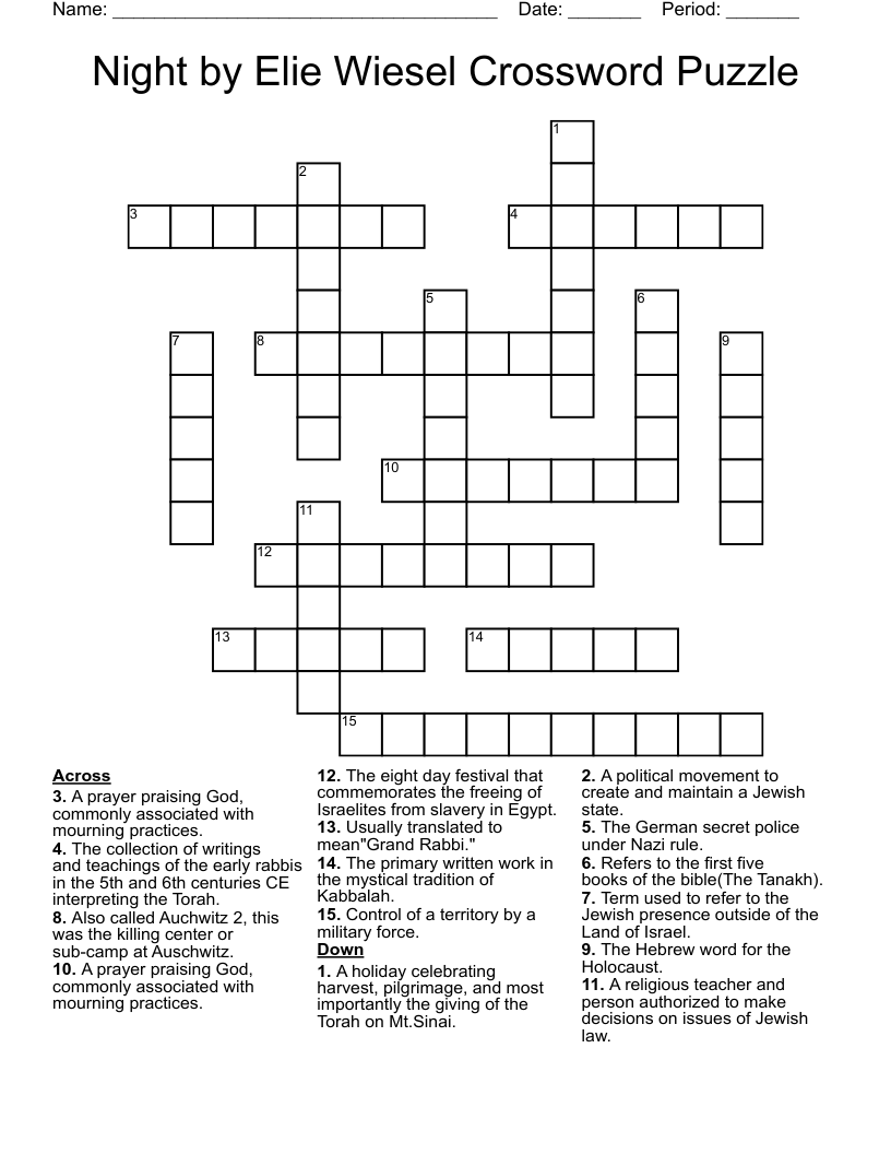 Night by Elie Wiesel Crossword Puzzle