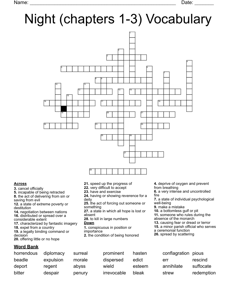 Night (chapters 1-3) Vocabulary Crossword