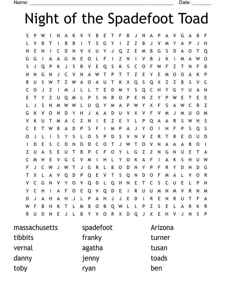 Night of the Spadefoot Toad Word Search