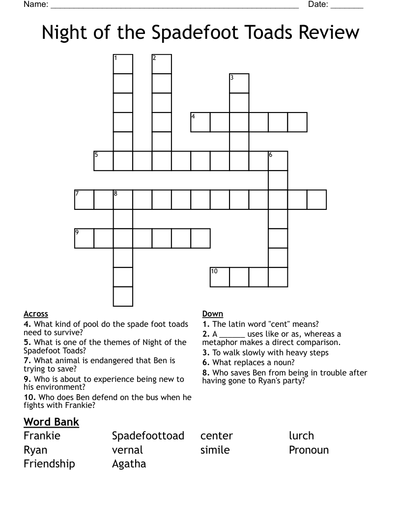 Night of the Spadefoot Toads Review Crossword