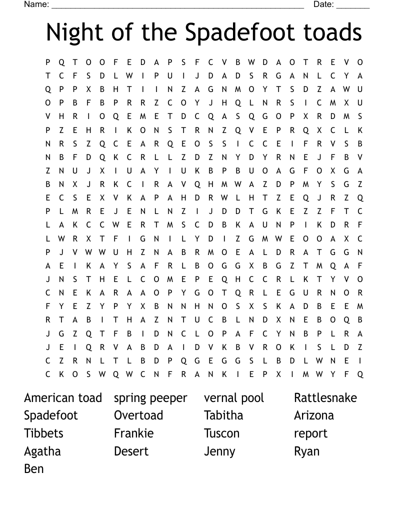 Night of the Spadefoot  toads Word Search