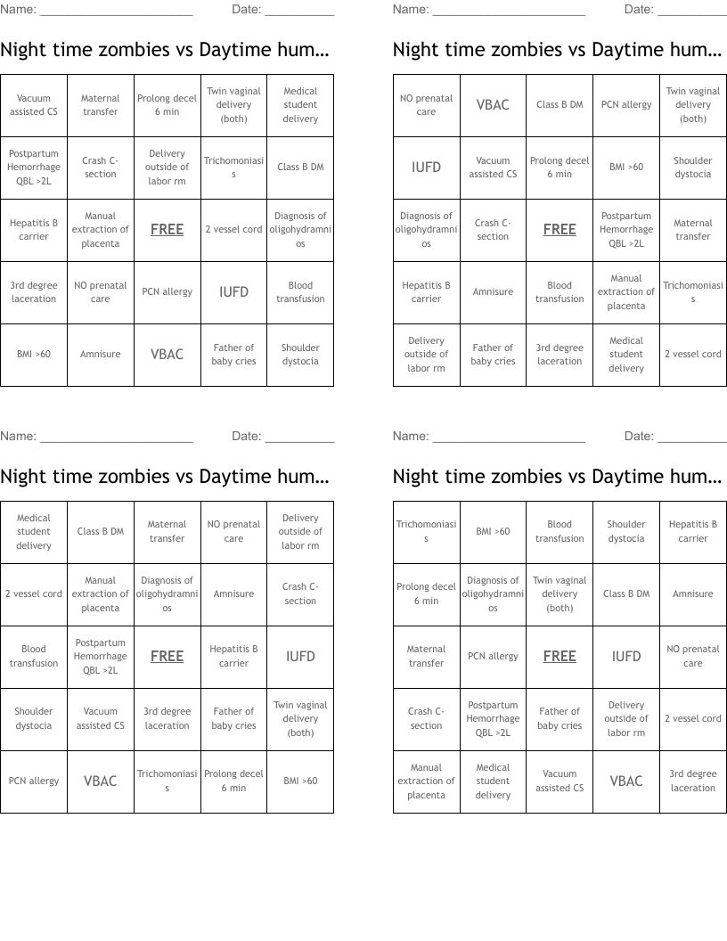 Night time zombies vs Daytime humans Bingo Cards